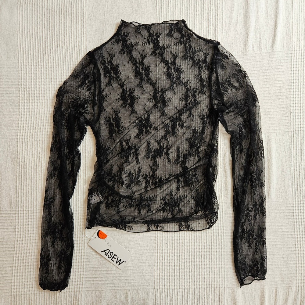 Black Floral Lace Sheer Mock Neck Long Sleeve Layering Y2K 90s Top Women S